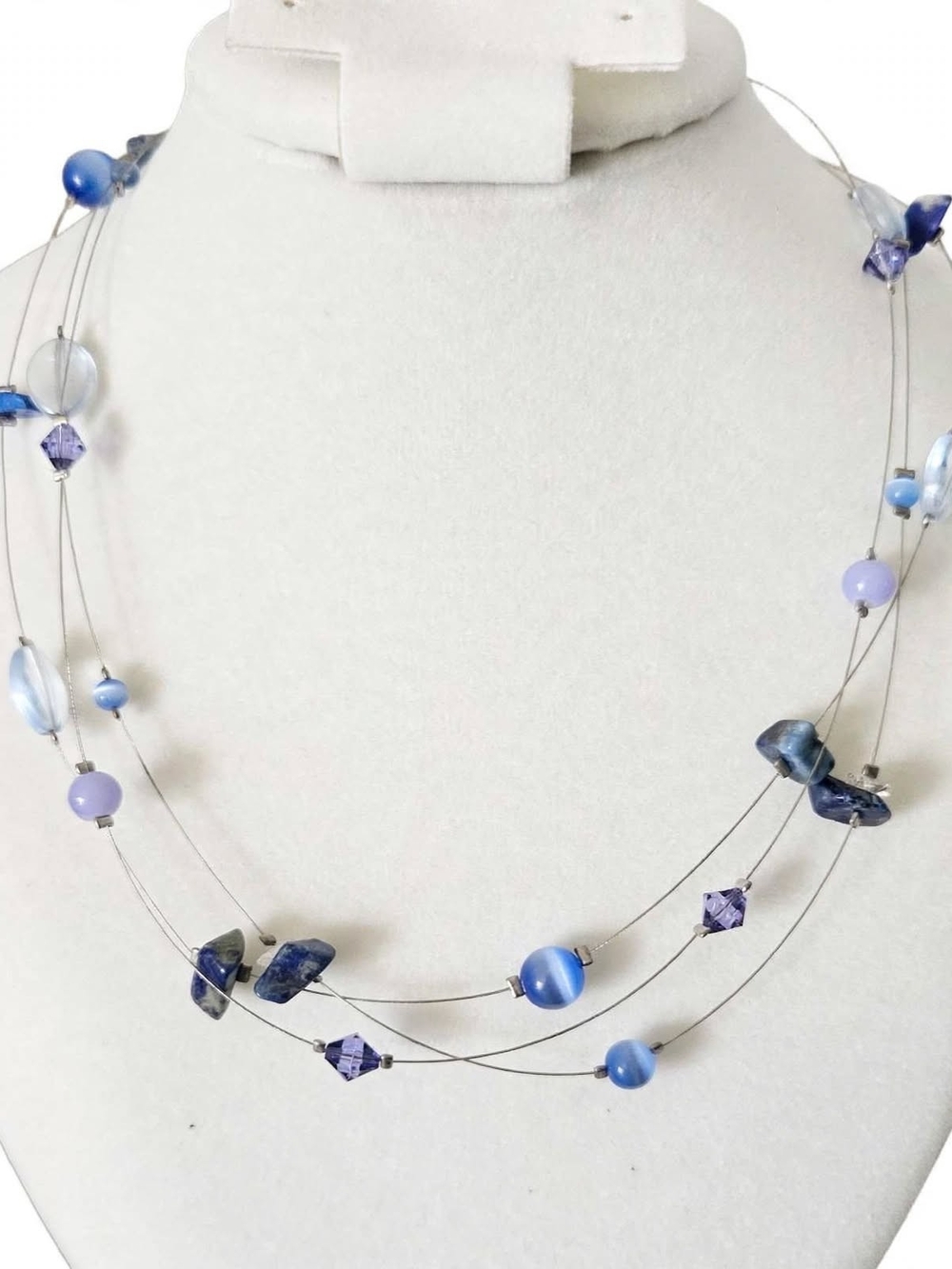 NY Triple Strand Illusion Necklace Blue Stones Silver Wire Y2K